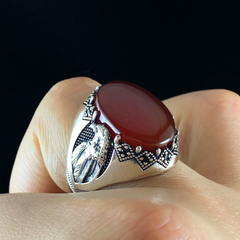 American Eagle Red Agate Stone 925 Sterling Silver Men Handmade Ring