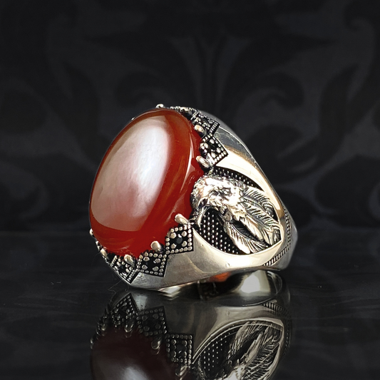 American Eagle Red Agate Stone 925 Sterling Silver Men Handmade Ring