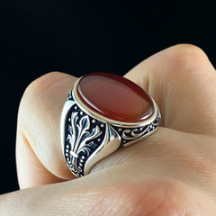 Red Agate Handmade Stone 925 Sterling Silver Men Ring