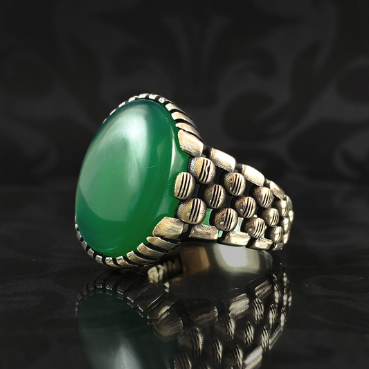 Green Agate Stone 925 Sterling Silver Turkish Handmade Ring