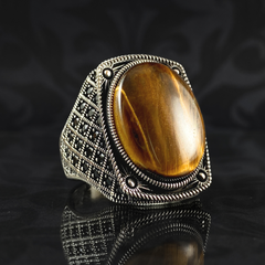 Brown Tiger Eye Stone 925 Sterling Silver Men Handmade Turkish Ring