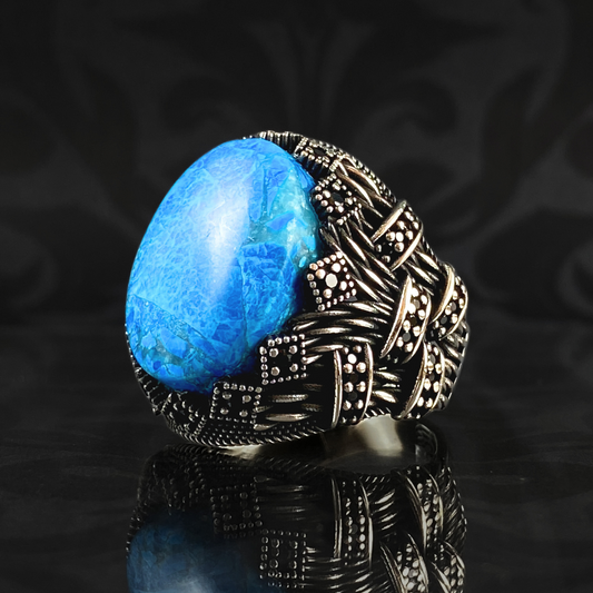 Blue Turquoise Stone 925 Sterling Silver Men Handmade Ring