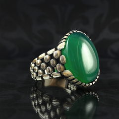 Green Agate Stone 925 Sterling Silver Turkish Handmade Ring