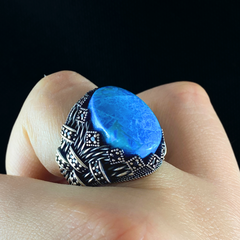 Blue Turquoise Stone 925 Sterling Silver Men Handmade Ring