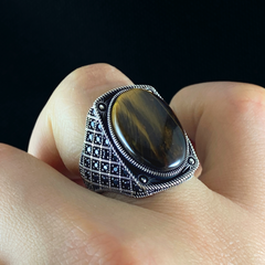 Brown Tiger Eye Stone 925 Sterling Silver Men Handmade Turkish Ring