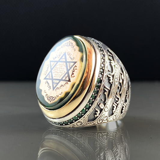 Large Green Seal Of Solomon 925 Sterling Silver Men Handmade Turkish Ring