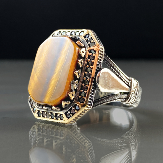 Brown Tiger Eye Stone 925 Silver Men Ring