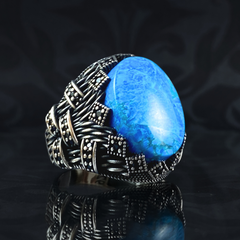 Blue Turquoise Stone 925 Sterling Silver Men Handmade Ring