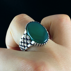 Green Agate Stone 925 Sterling Silver Turkish Handmade Ring