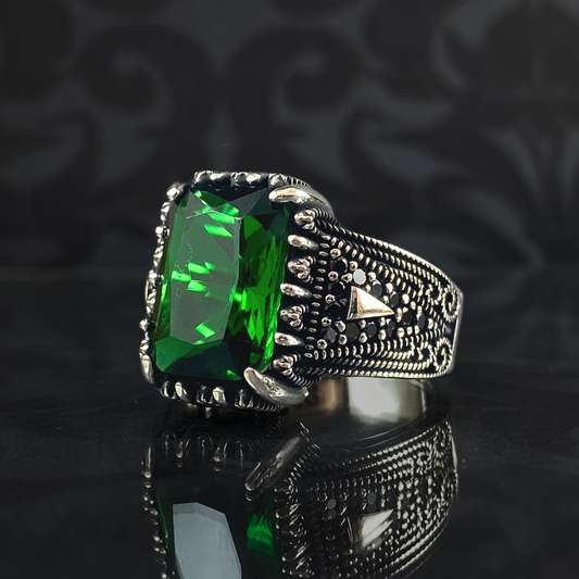 Green Emerald Stone Men Handmade 925 Sterling Silver Ring