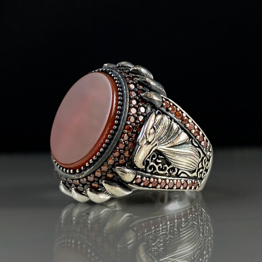 Eagle Head 925 Sterling Silver Red Agate Stone Ring