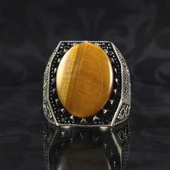 Large Brown Tiger Eye Stone 925 Sterling Silver Men Handmade Ring