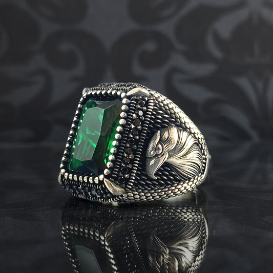 Eagle Emerald Stone 925 Sterling Silver Green Men Ring