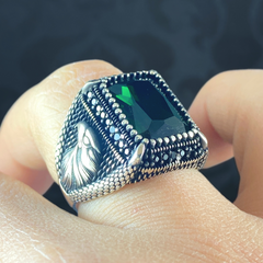 Eagle Emerald Stone 925 Sterling Silver Green Men Ring