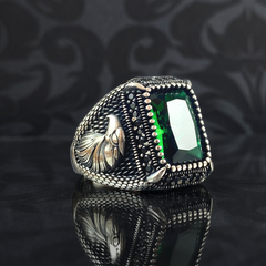 Eagle Emerald Stone 925 Sterling Silver Green Men Ring