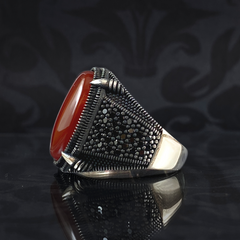 Agate Gemstone Red Color 925 Sterling Silver Men Handmade Ring