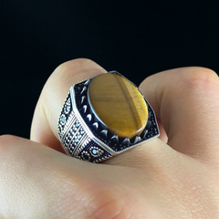 Large Brown Tiger Eye Stone 925 Sterling Silver Men Handmade Ring