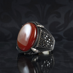 Agate Gemstone Red Color 925 Sterling Silver Men Handmade Ring