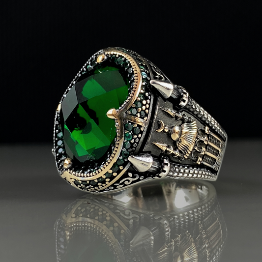 Green Mosque Emerald Stone Men Handmade Islamic Ring