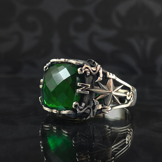 Emerald Gemstone 925 Sterling Silver Men Handmade Ring