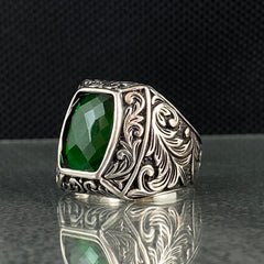 Anillo de plata maciza de piedra esmeralda 925, anillo de piedra preciosa esmeralda verde 