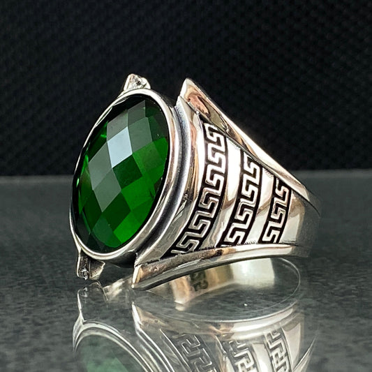 Oval Green Emerald Stone 925 Solid Silver Men Ring