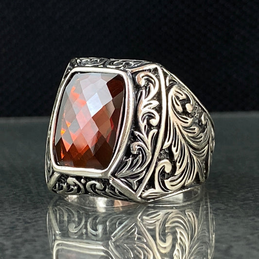 Hand Engraved Red Ruby Gemstone 925 Sterling Silver Men Ring