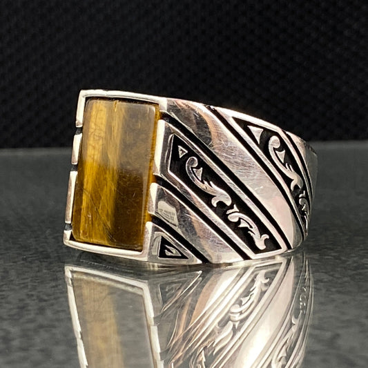 Square Brown Tiger Eye Stone 925 Sterling Silver Men Ring