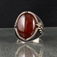 Oval Red Agate Stone 925 Sterling Silver Ring