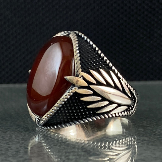 Oval Red Agate Stone 925 Sterling Silver Ring