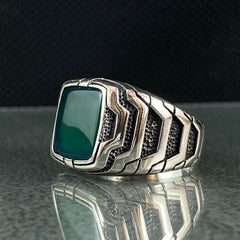 Green Agate Stone 925 Sterling Silver Turkish Handmade Ring