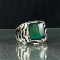 Green Agate Stone 925 Sterling Silver Turkish Handmade Ring