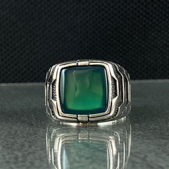 Green Agate Stone 925 Sterling Silver Turkish Handmade Ring