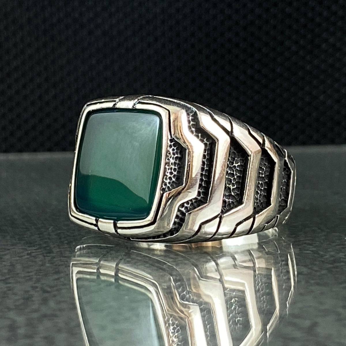 Green Agate Stone 925 Sterling Silver Turkish Handmade Ring