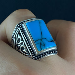 Large Blue Turquoise Stone 925 Solid Silver Men Ring