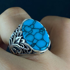 Oval Blue Turquoise Stone 925 Sterling Silver Men Ring