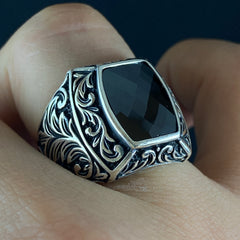 Hand Engraved 925 Sterling Silver Black Onyx Stone Ring