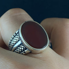 Oval Red Agate Stone 925 Sterling Silver Men Ring