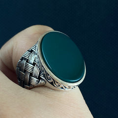 Oval Green Agate Stone 925 Sterling Silver Men Ring