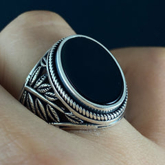 Oval Black Onyx Gemstone 925 Sterling Silver Men Ring