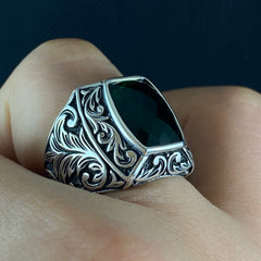 Green Emerald Stone 925 Solid Silver Hand Engraved Men Ring