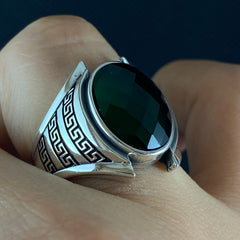 Oval Green Emerald Stone 925 Solid Silver Men Ring