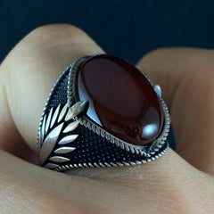 Oval Red Agate Stone 925 Sterling Silver Ring