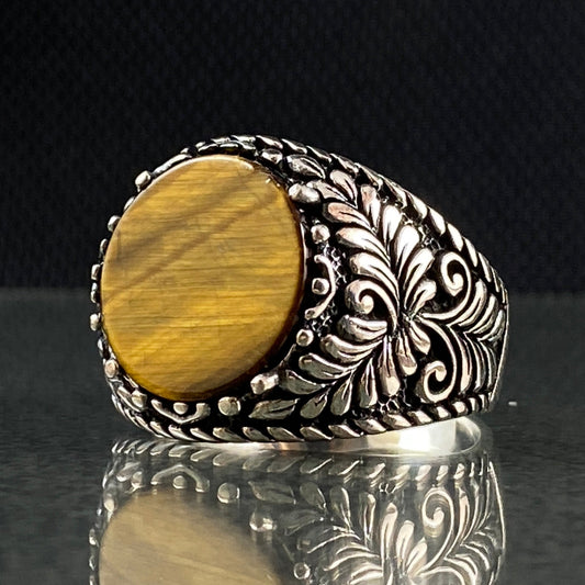 Round Brown Tiger Eye Stone 925 Solid Silver Men Ring