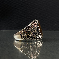 Round Brown Tiger Eye Stone 925 Solid Silver Men Ring