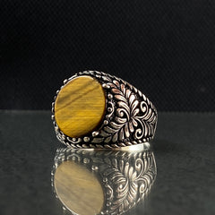 Round Brown Tiger Eye Stone 925 Solid Silver Men Ring