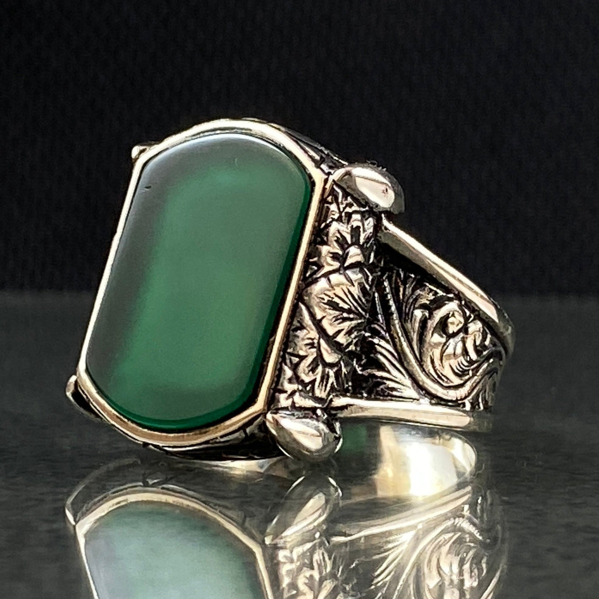 Hand Engraved Agate 925 Solid Silver Men Ring