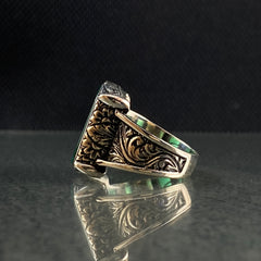 Hand Engraved Agate 925 Solid Silver Men Ring