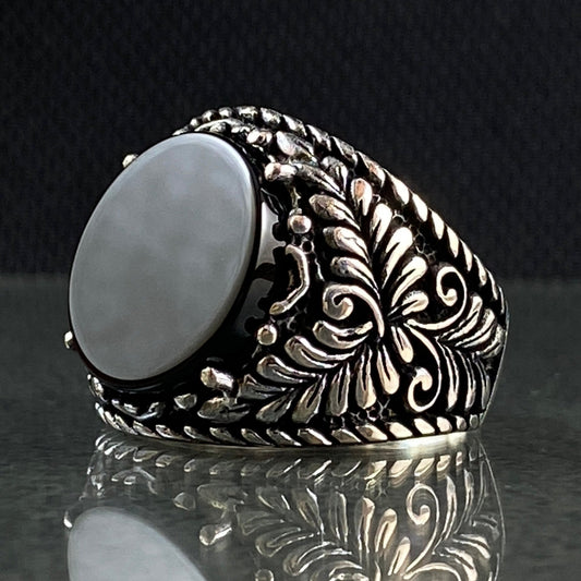 Round Black Stone 925 Silver Ring For Men