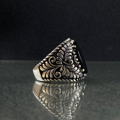 Round Black Stone 925 Silver Ring For Men